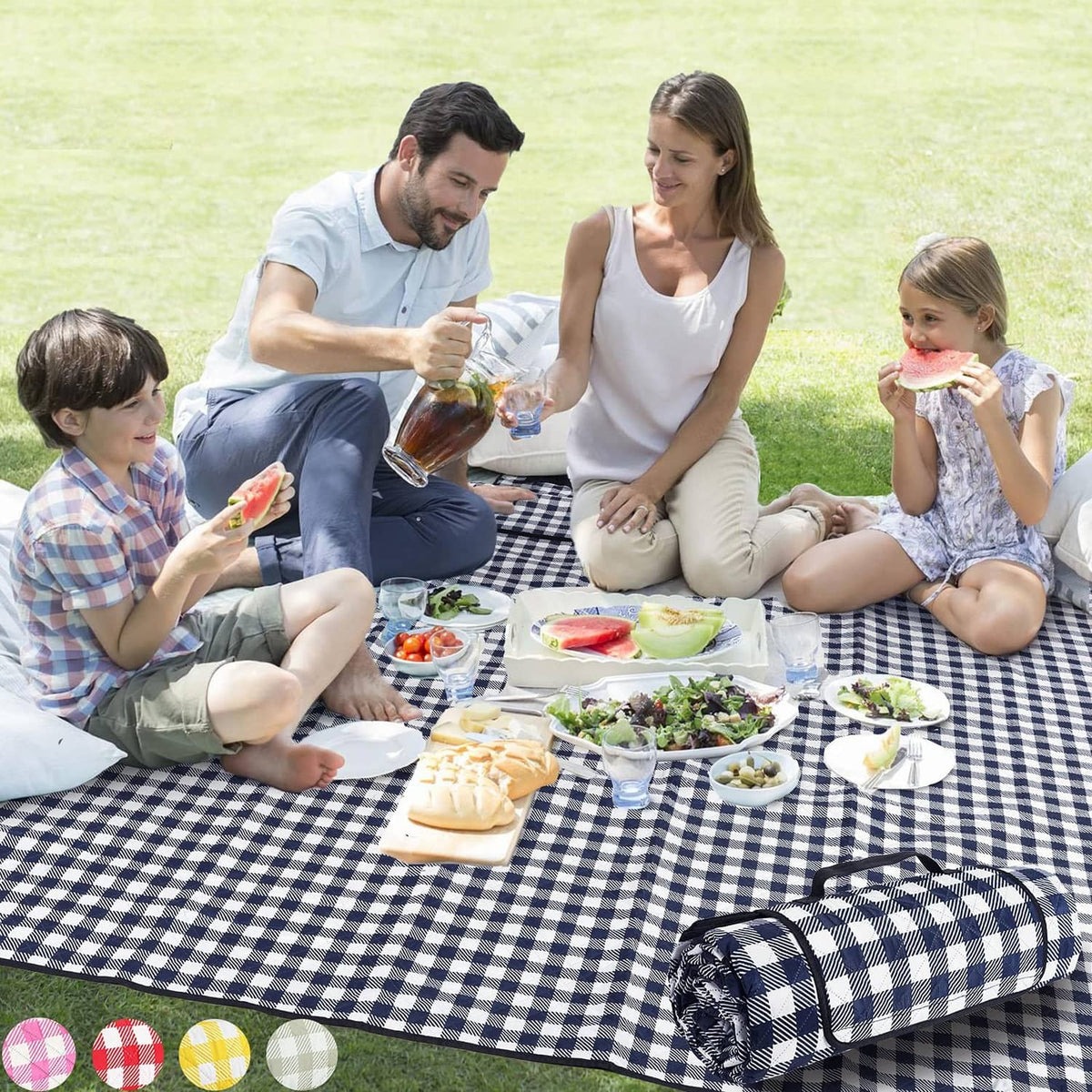 Blue and white gingham picnic blanket, large square with rolled edge