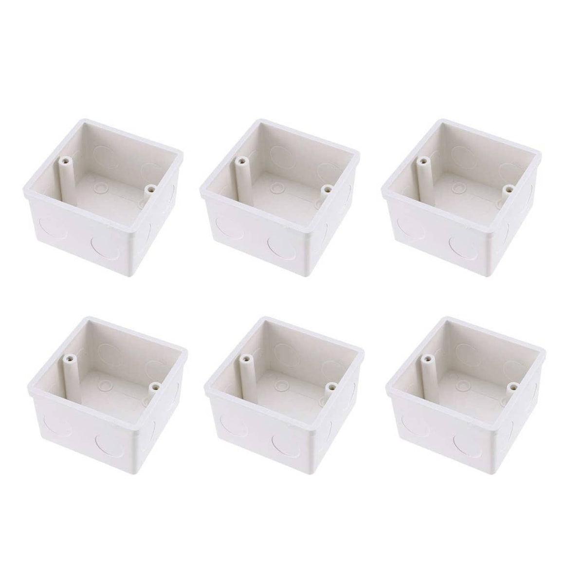 Set of 6 white deep wall switch box housings, square, with screw holes