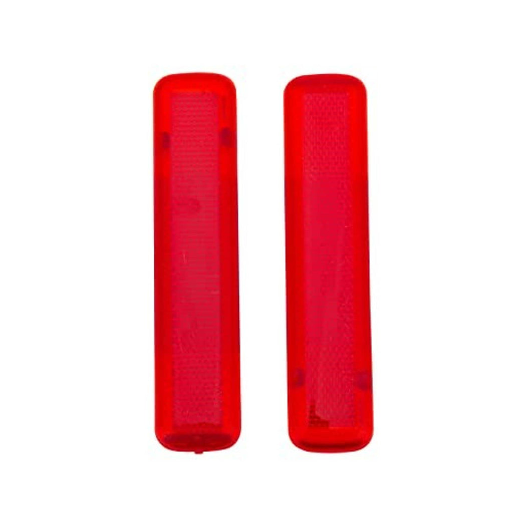Pair of red vertical door reflector panels, smooth rounded ends and textured face