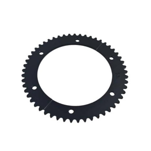 Black split chain sprocket with teeth and mounting holes, round profile