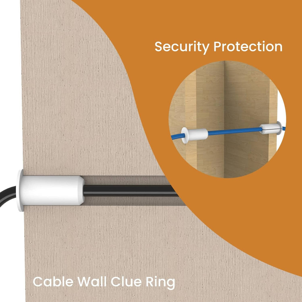 White cable wall pass-through ring securing a dark cord through a wall surface