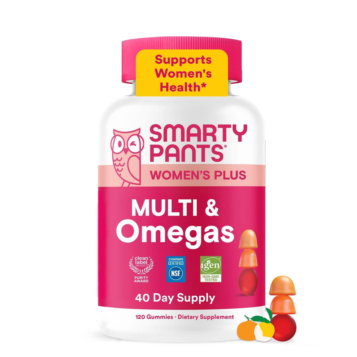 SmartyPants Women's multivitamin gummies bottle with pink cap and Omega gummies