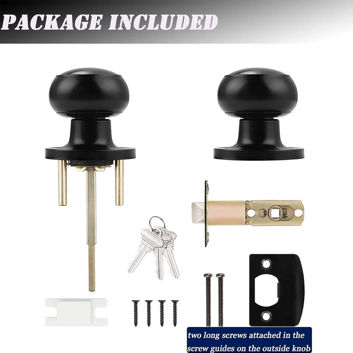 Package contents for black keyed entry door knobs with screws, latch plate, and keys