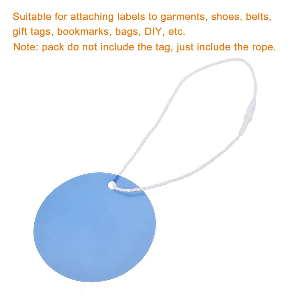 White rope with plastic snap-lock and blue round tag for labeling items