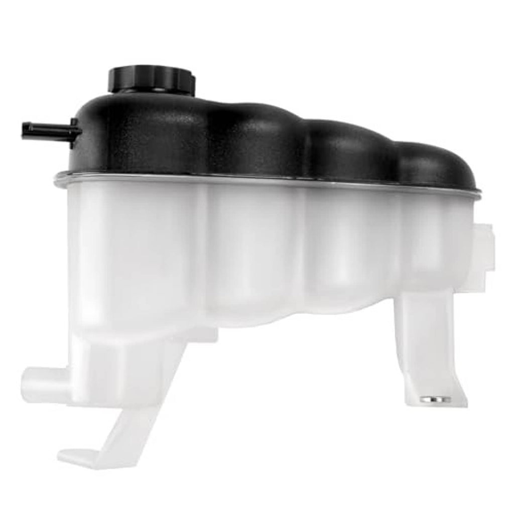 Coolant reservoir tank with black cap and translucent white body