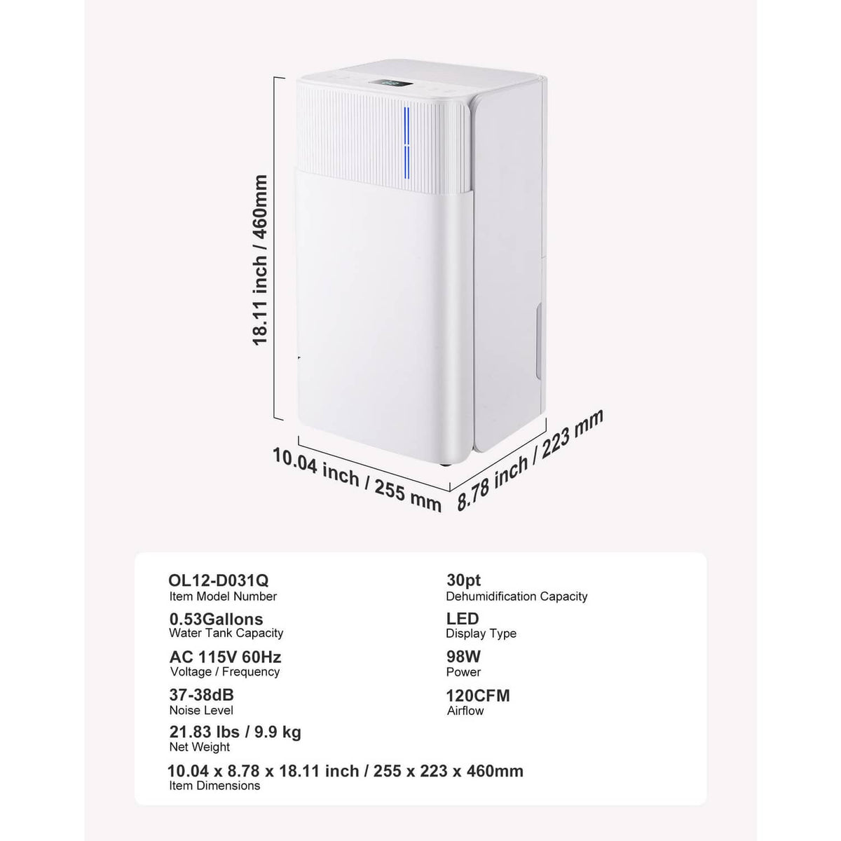 White dehumidifier shown with size diagram and top grille