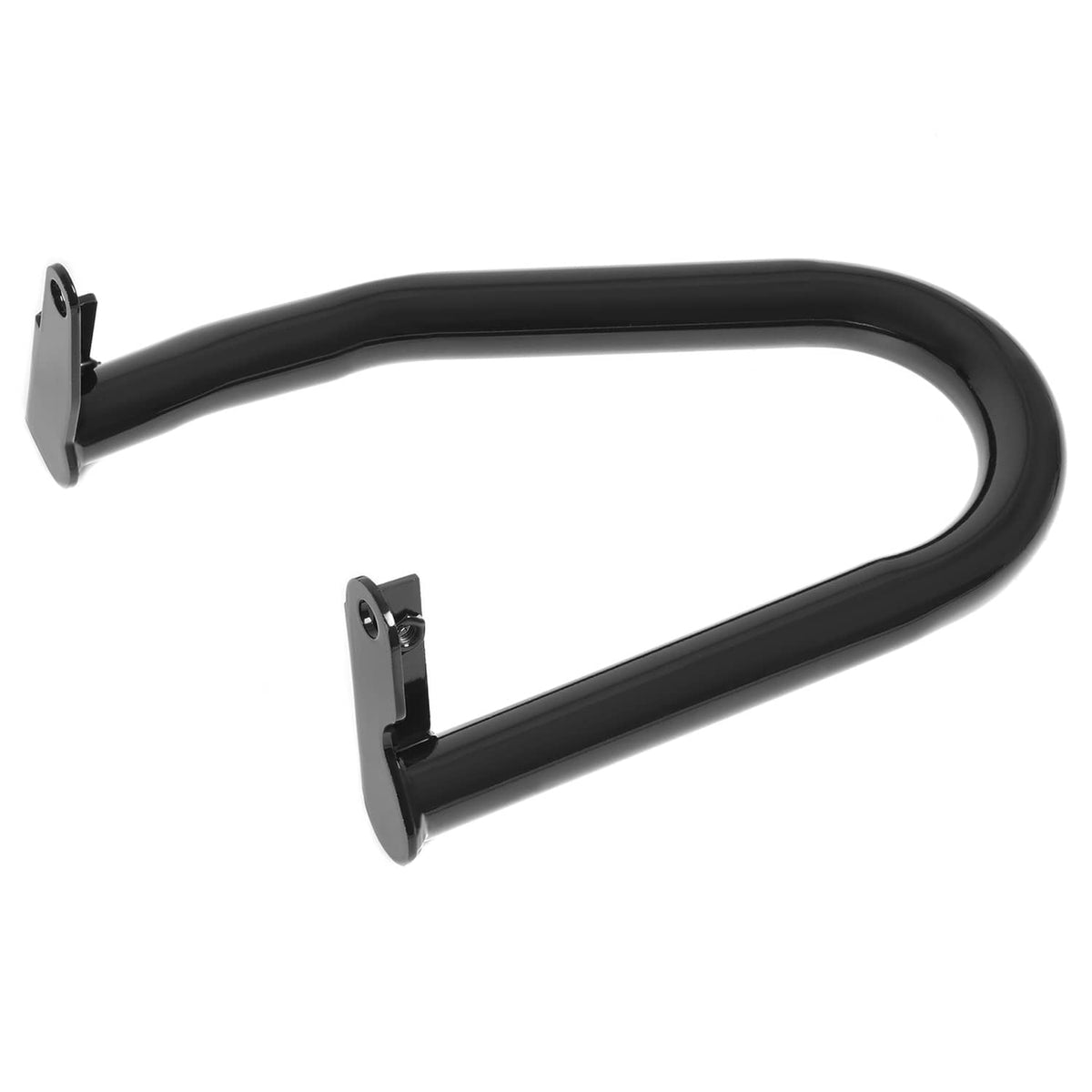 Black motorcycle crash bar rails with front mounting plates and bracket tabs