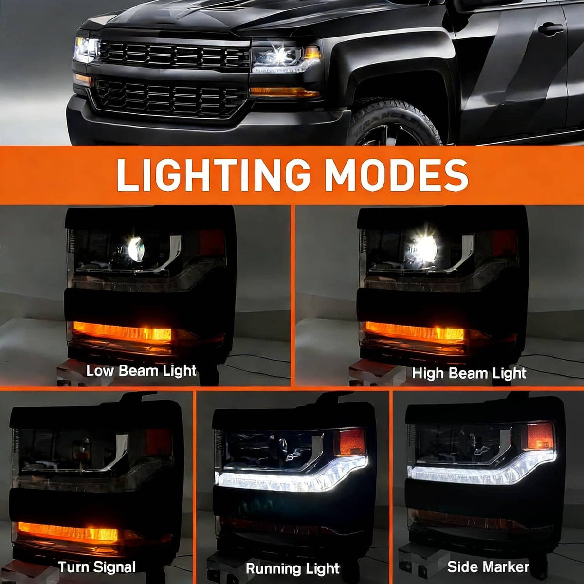 Headlight lighting modes showing low beam, high beam, turn signal, running light, side marker