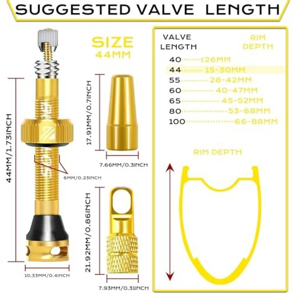 Gold Presta tubeless valve stem kit showing valve length options and rim depth chart.