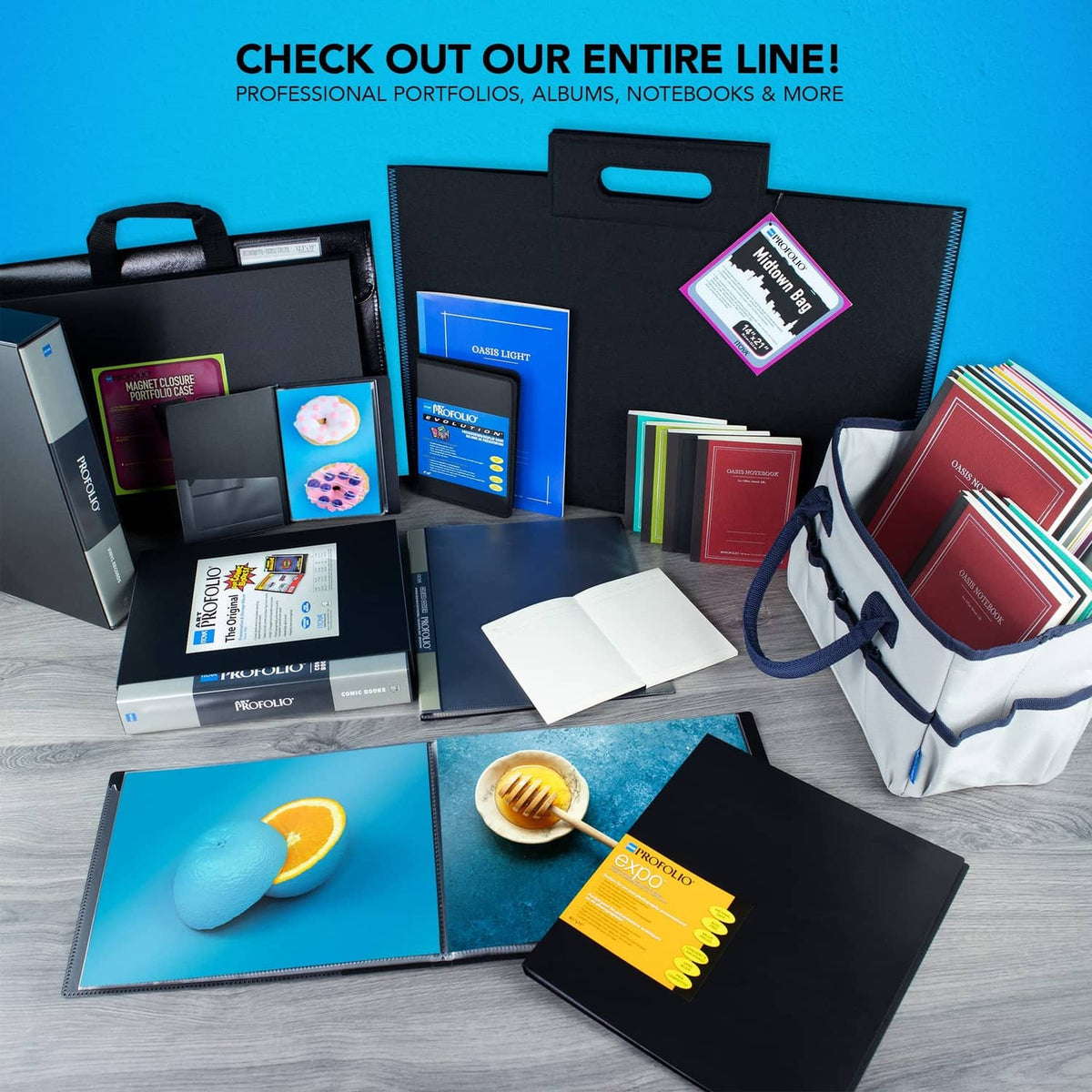Itoya portfolio set display with multiple black folders and accessories