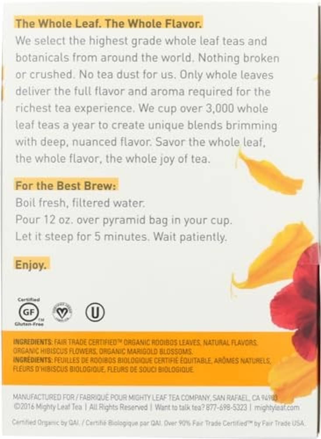 Organic rooibos tea box back with brewing directions and certification icons