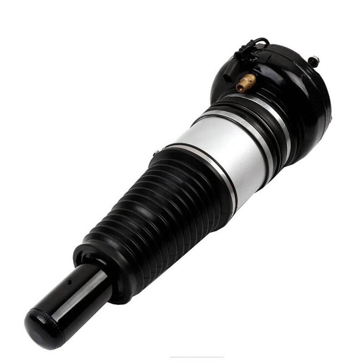 Front air suspension strut with black rubber body, silver shock cylinder, and rod