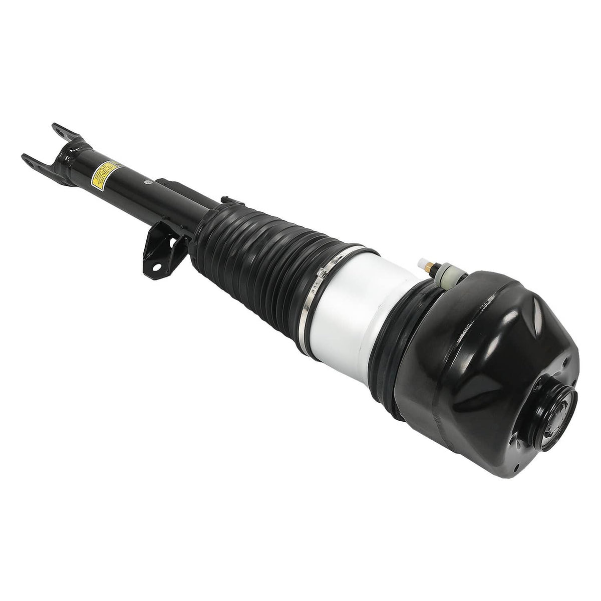 Air suspension shock strut angled view with black shock body and white spring