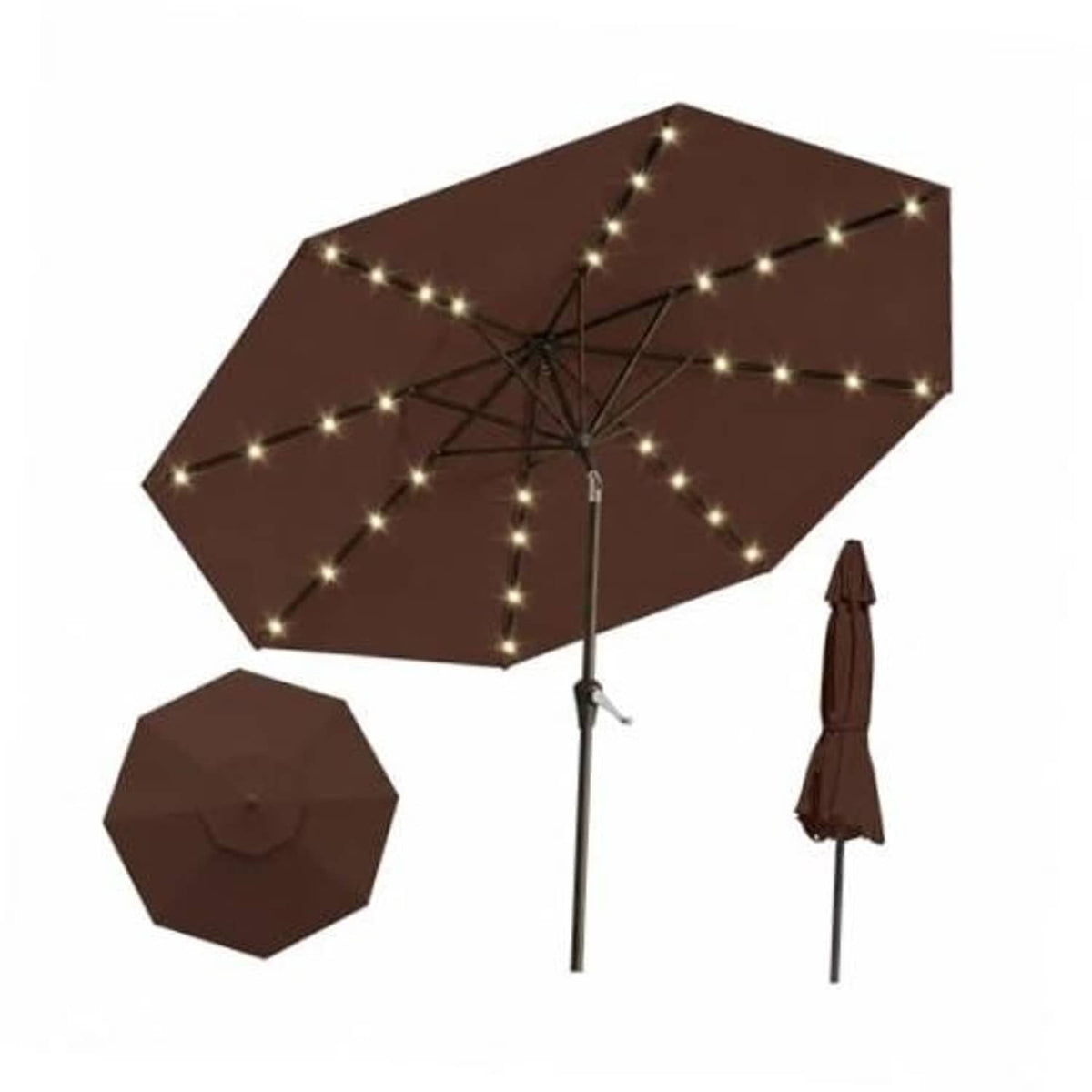 Brown patio umbrella with solar LED string lights along the ribs