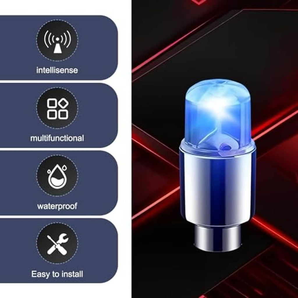 Blue glowing LED tire valve stem cap with chrome base and clear dome light