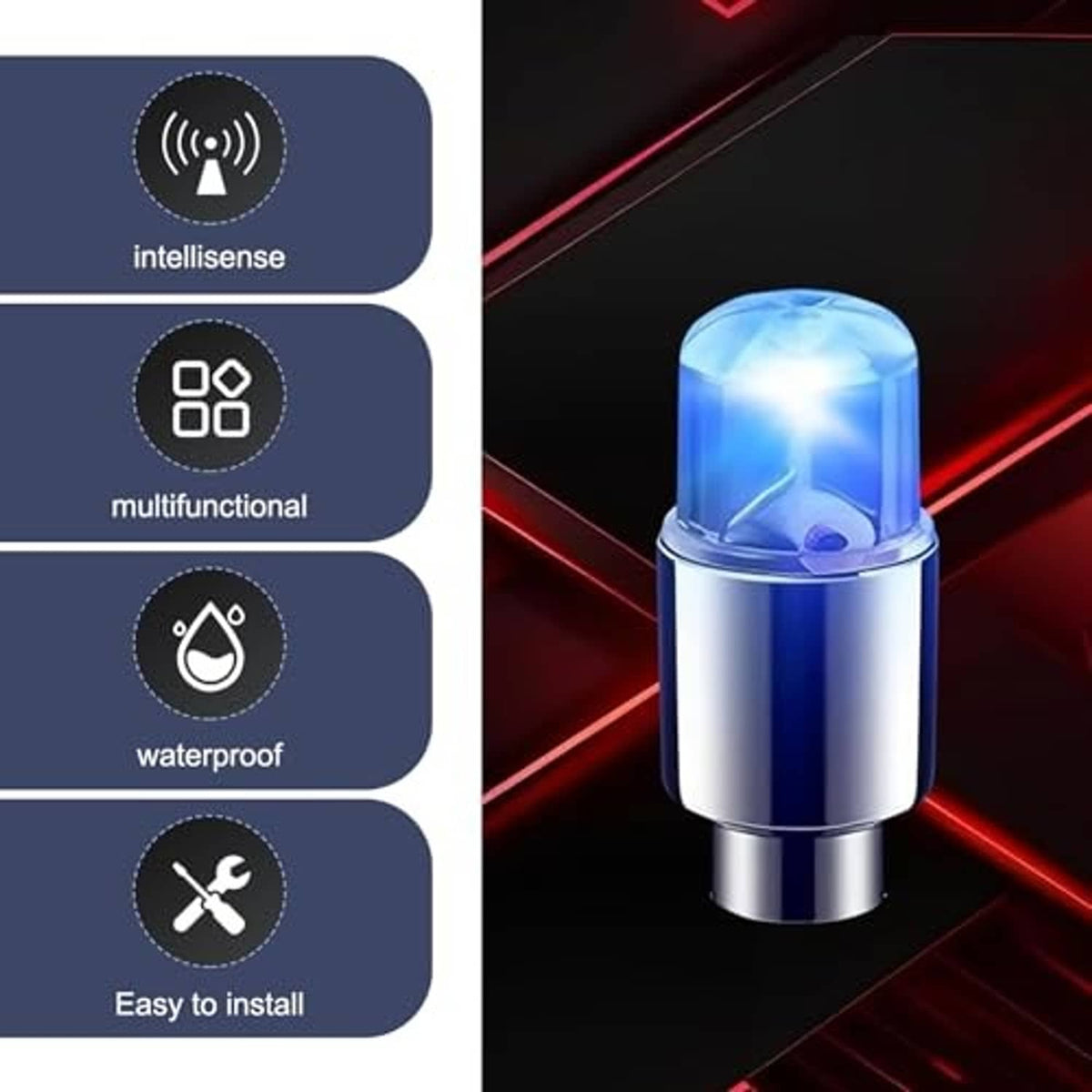 Blue glowing LED tire valve stem cap with chrome base and clear dome light