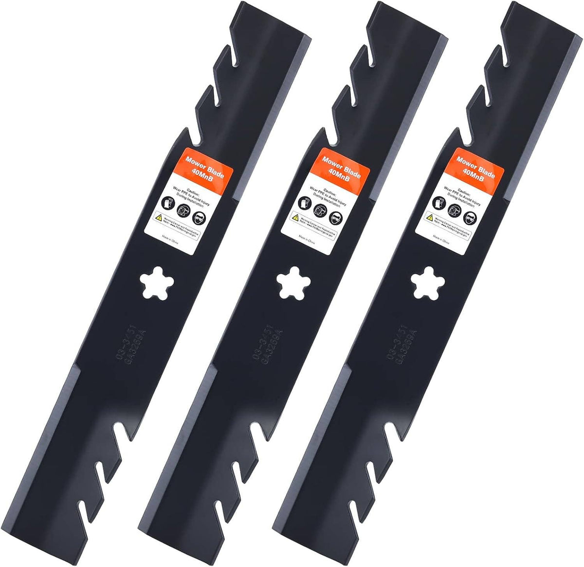 Three black mulching blades with side notches and orange product labels