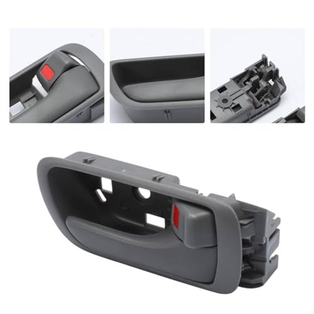 Gray interior door handle set with red switch; close-up and side view
