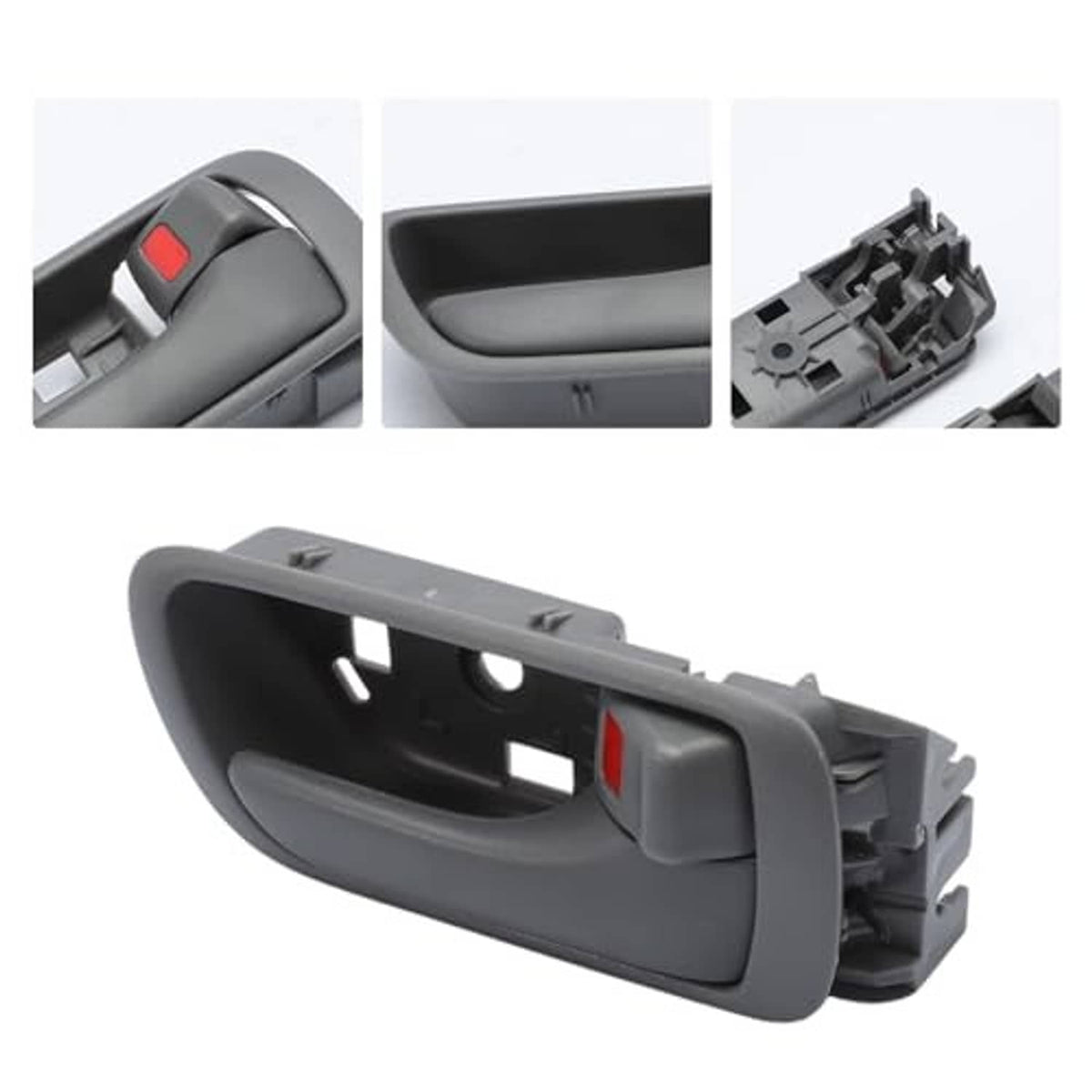 Gray interior door handle set with red switch; close-up and side view
