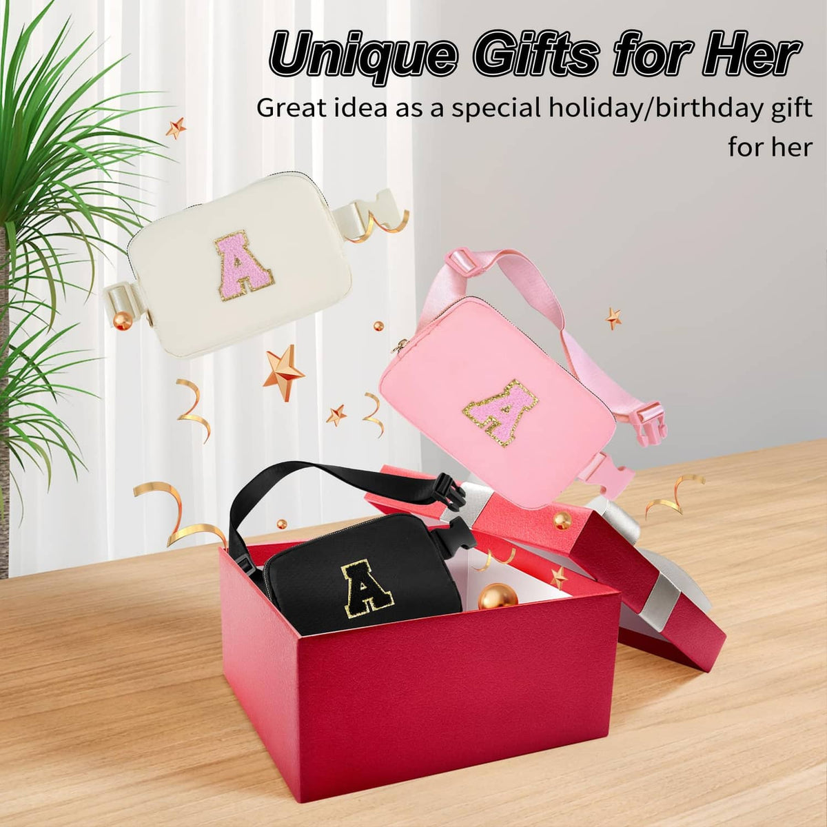 Peach crossbody pouch bag with glitter letter A patch in a gift box