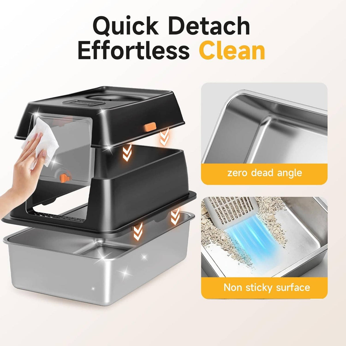 Enclosed cat litter box with lid and removable stainless steel base tray