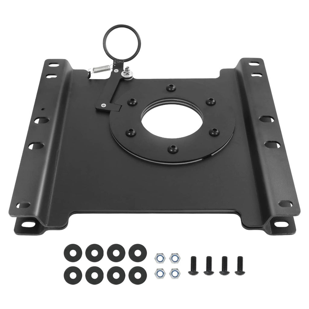 Black passenger seat swivel base plate with mounting holes, round center opening, hardware ring
