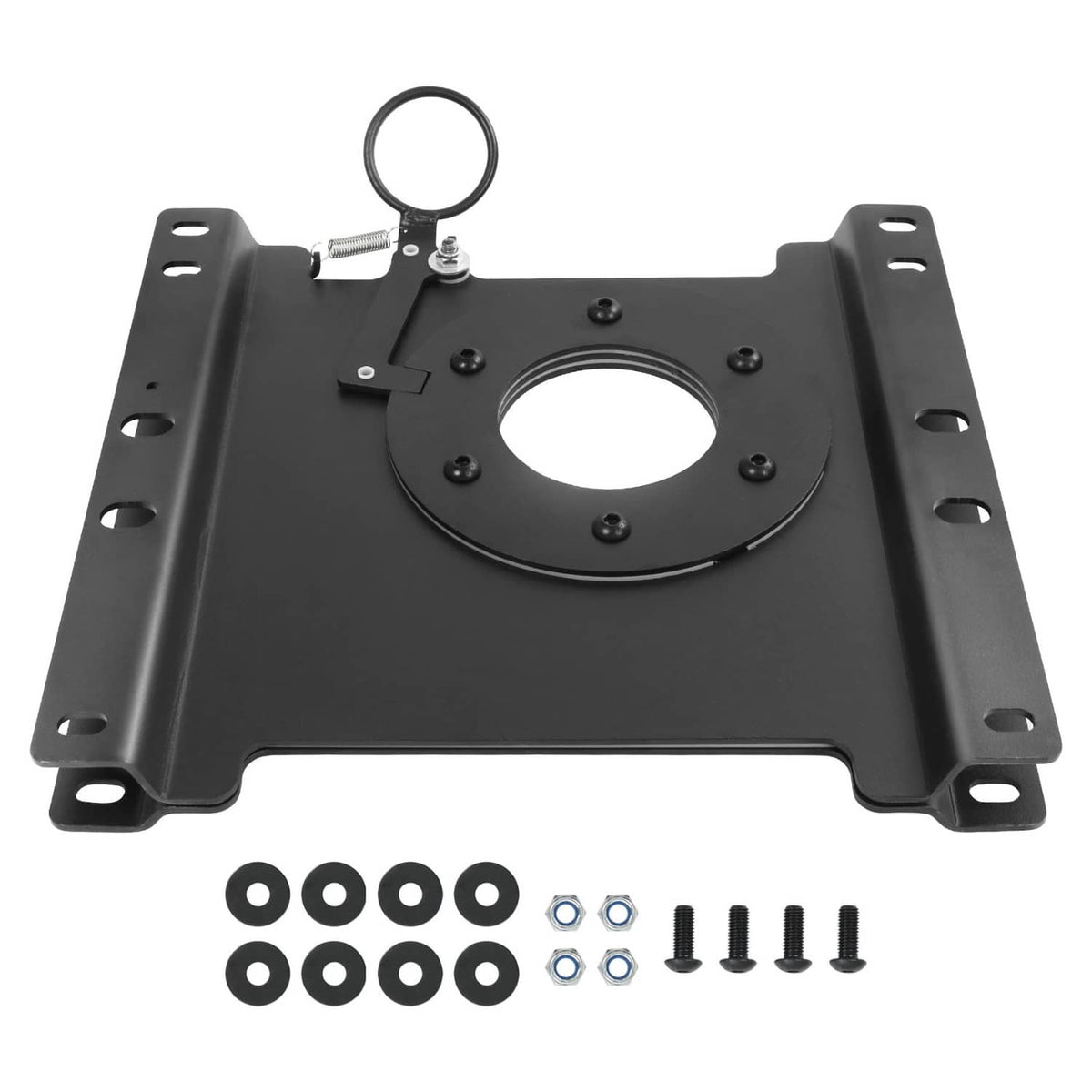 Black passenger seat swivel base plate with mounting holes, round center opening, hardware ring
