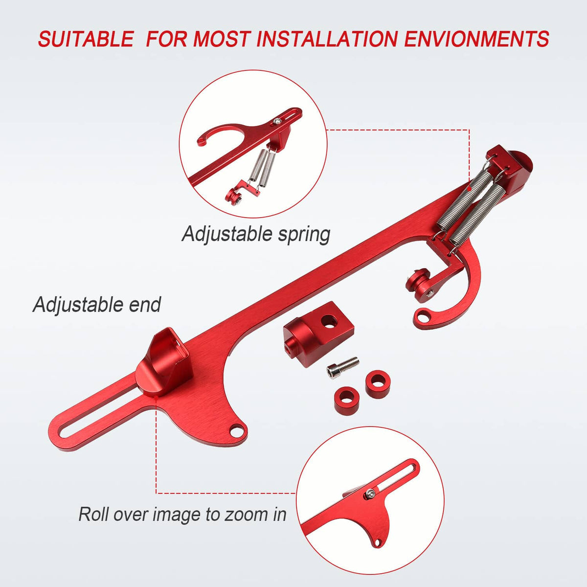 Red throttle cable bracket with adjustable spring and end hardware included