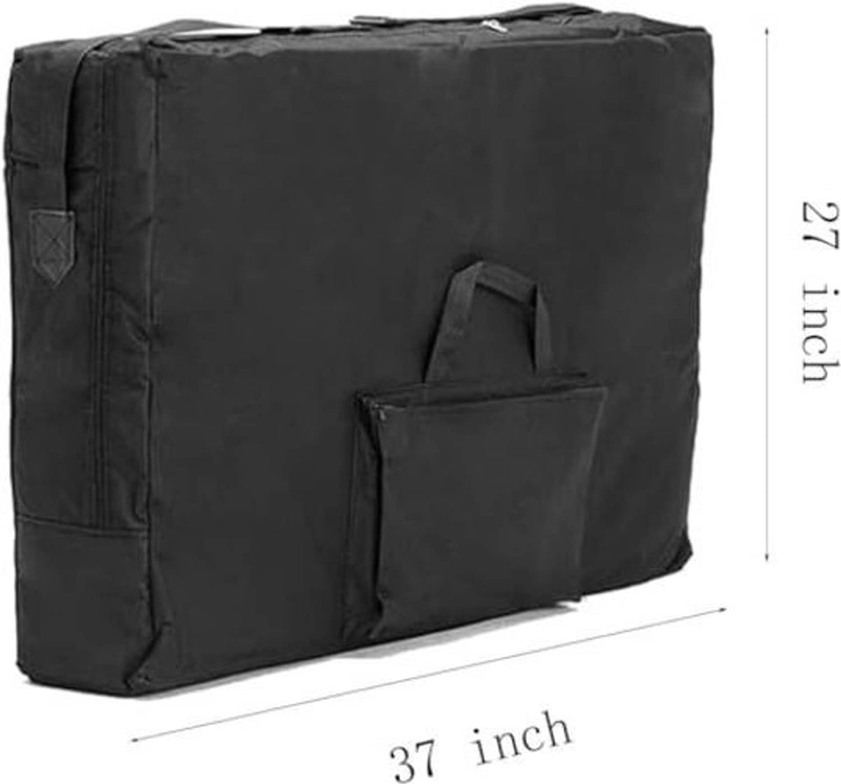 Black massage table storage bag with front pocket and handle, size shown