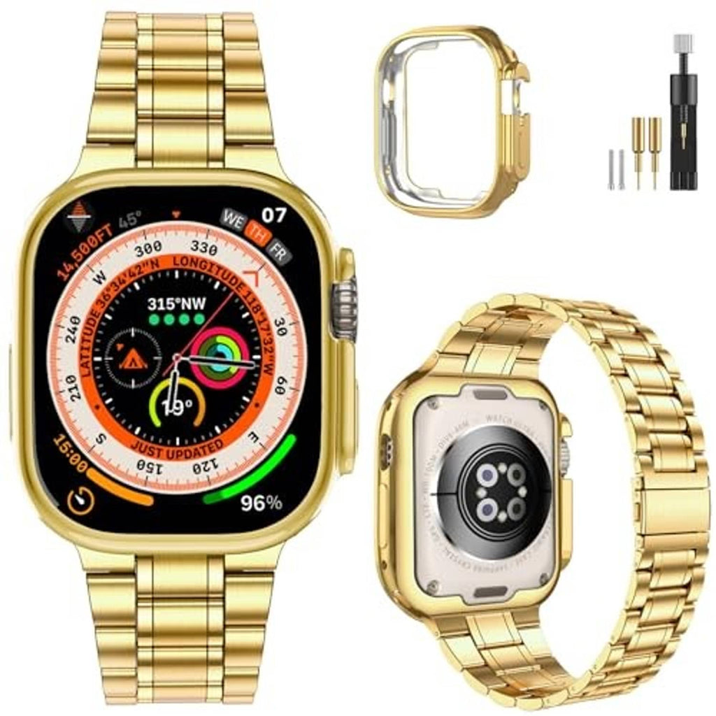 Gold stainless steel watch band set with band, case cover, and attachment tools