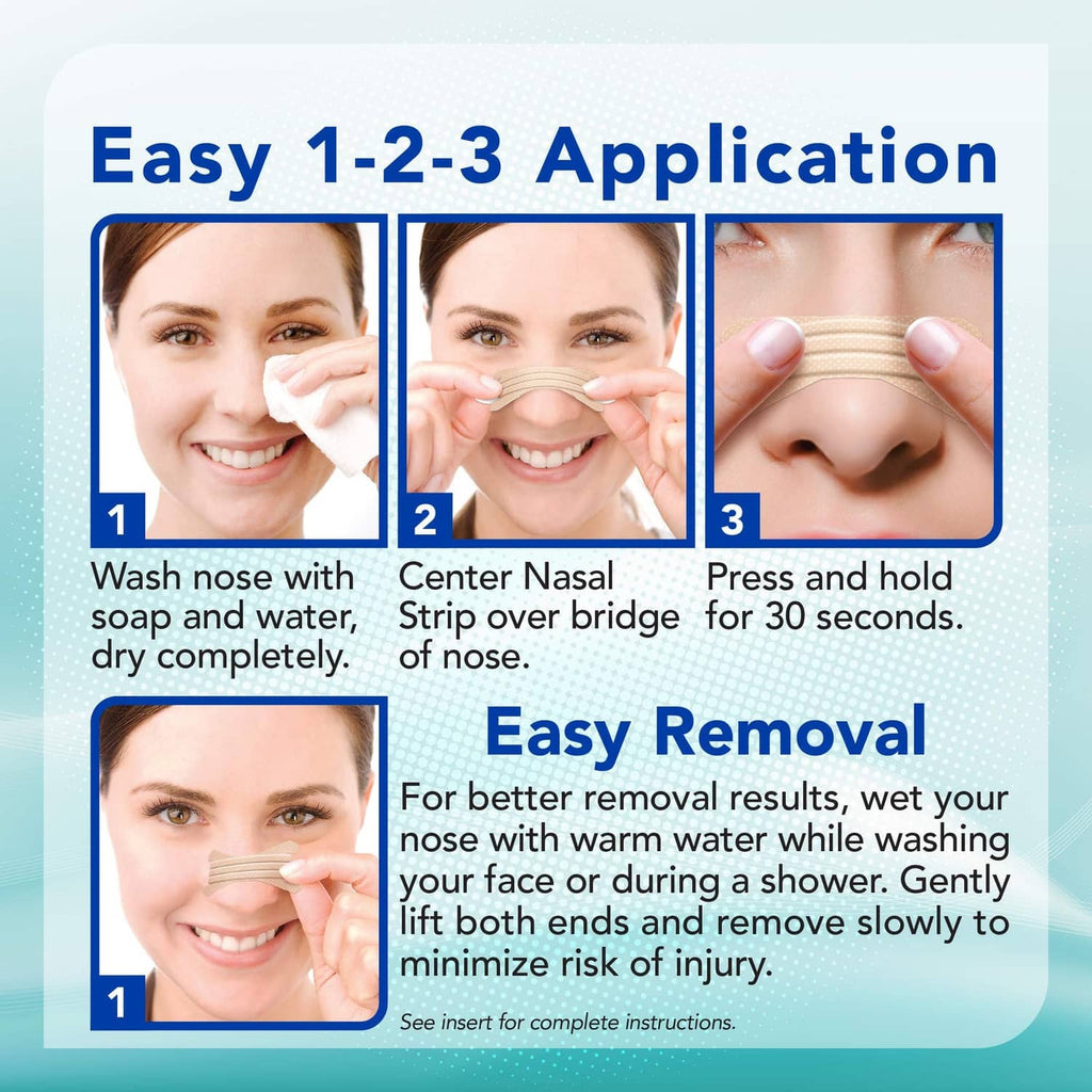 Easy 1-2-3 application nasal strips graphic with easy removal tips.