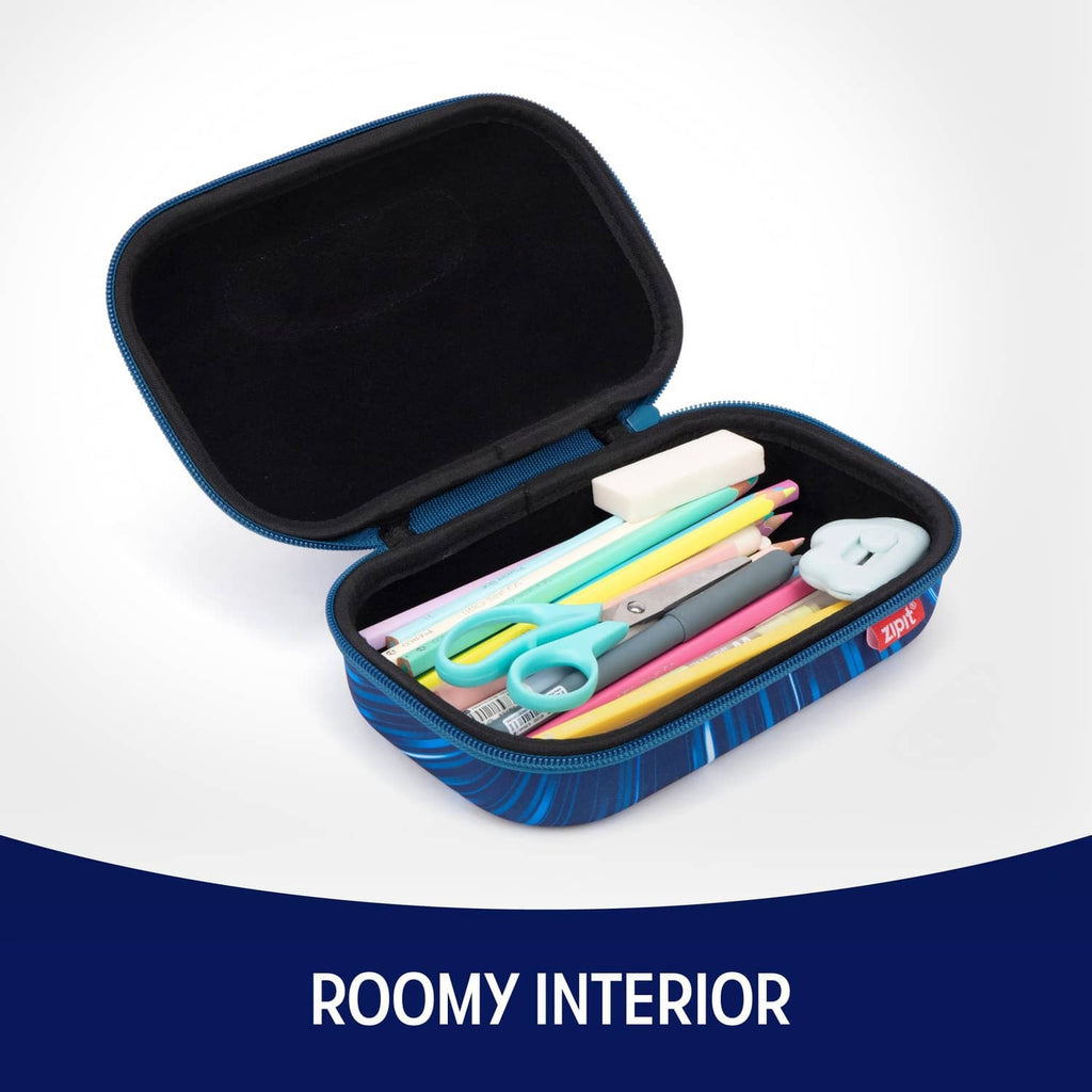 Blue zipper pencil case open, showing dark interior space for pens and pencils.