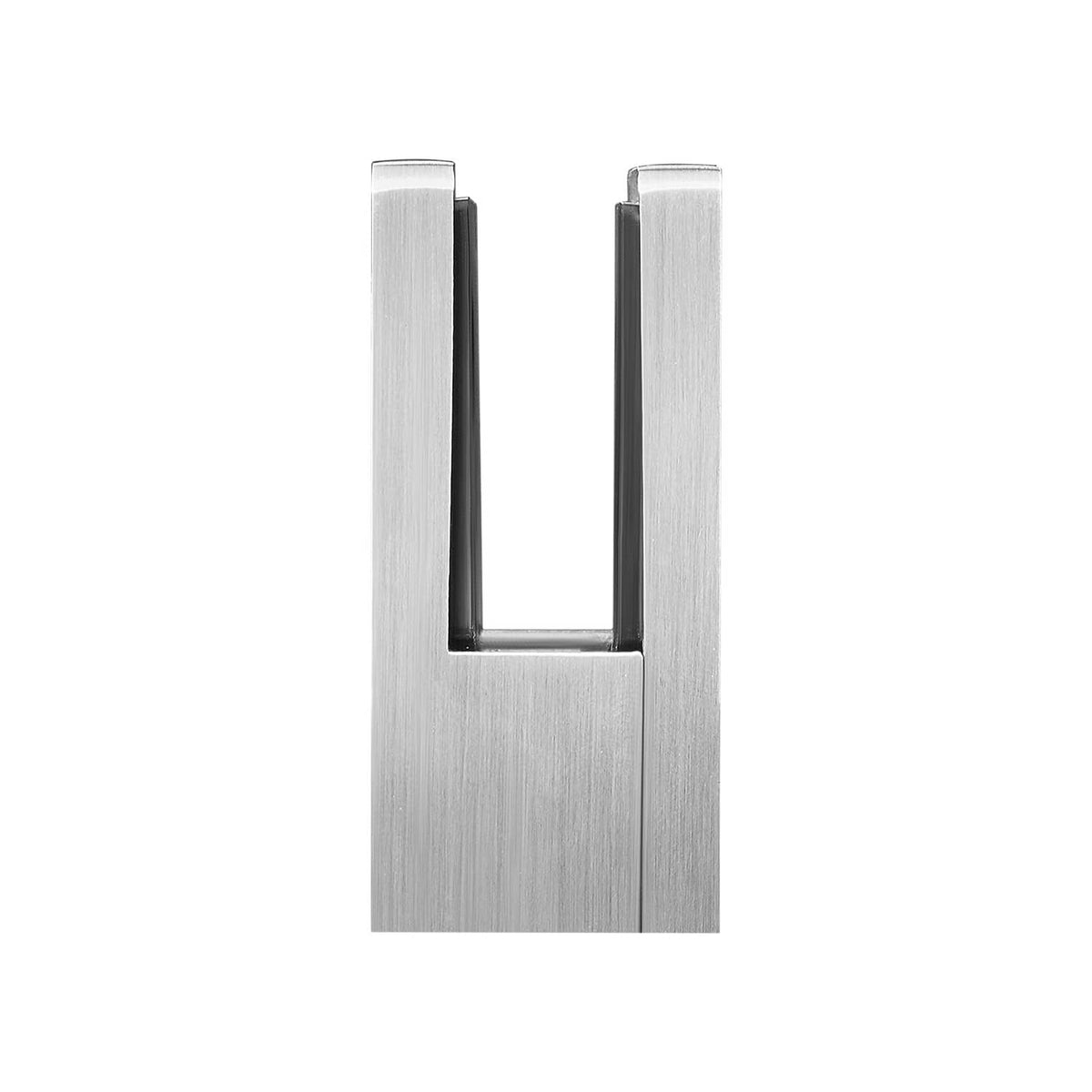 U-shaped stainless glass clamp bracket with black gasket channel, brushed silver