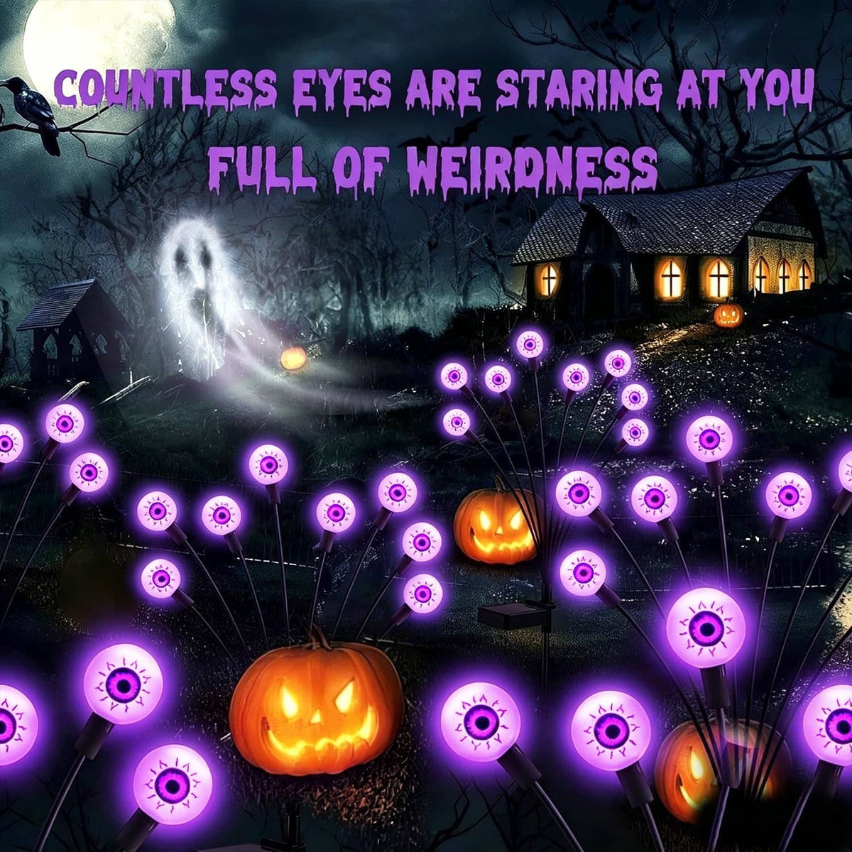 Solar Halloween stake lights with purple glowing LED eyes and orange jack-o'-lanterns