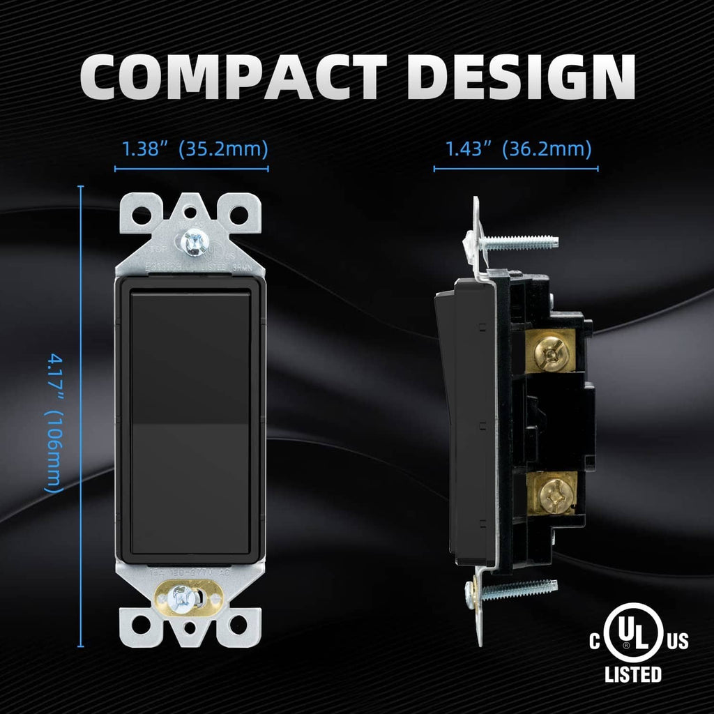 Glossy black compact single-pole decorator switch with mounting tabs and terminals