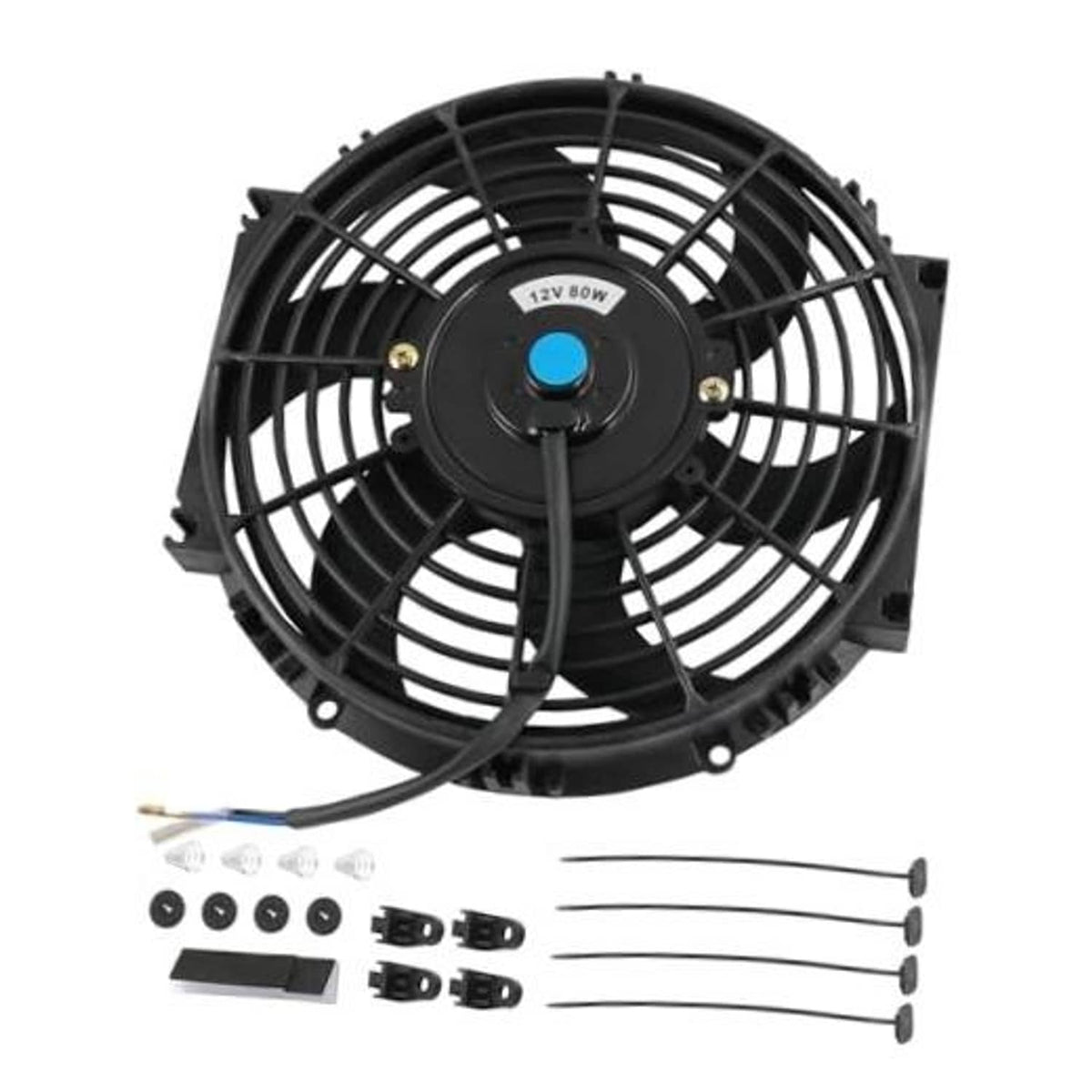 Black 10-inch electric radiator cooling fan assembly with included mounting hardware and wires