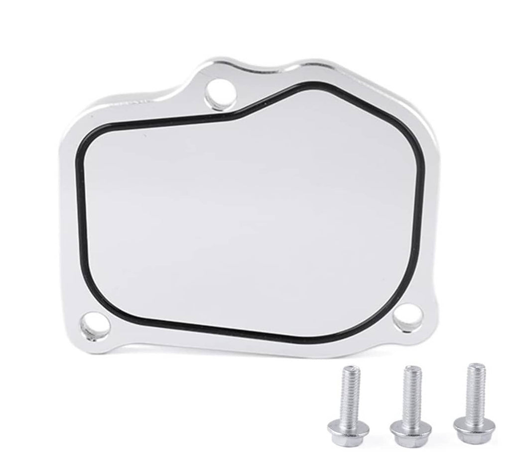Billet timing cover plate kit with black gasket seal and mounting bolts, silver finish