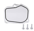 Billet timing cover plate kit with black gasket seal and mounting bolts, silver finish