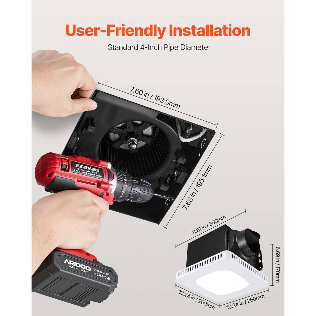 Bathroom ventilation fan with LED panel and black mounting frame during installation.