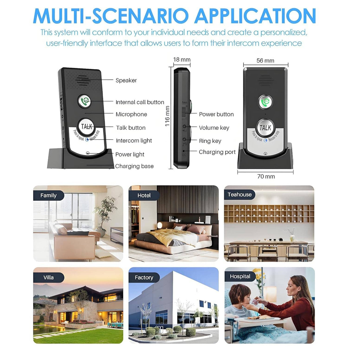Black wireless intercom doorbell system diagram with microphone, speaker, and charging base
