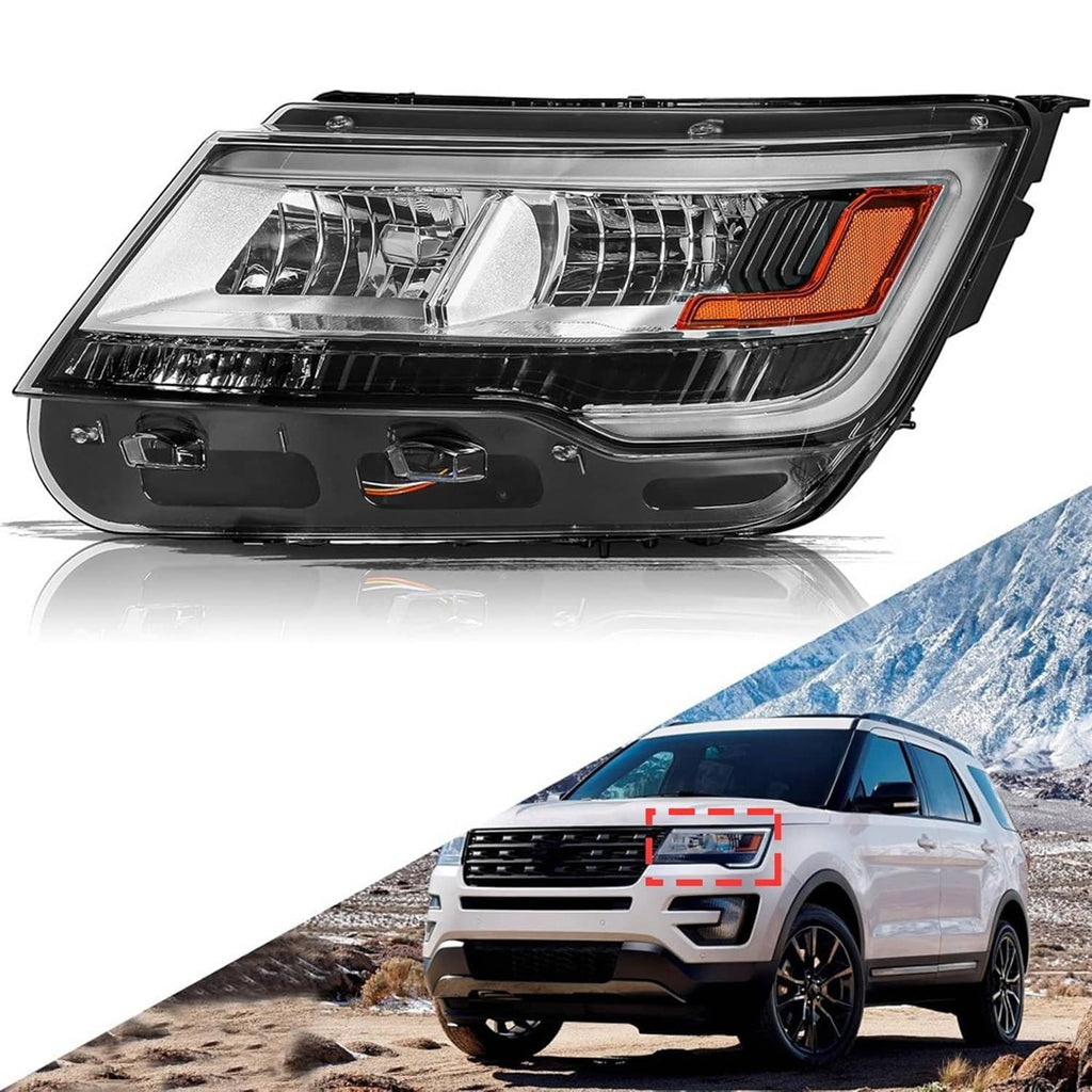 Left-side headlight assembly with chrome reflector, clear lens, and amber corner marker