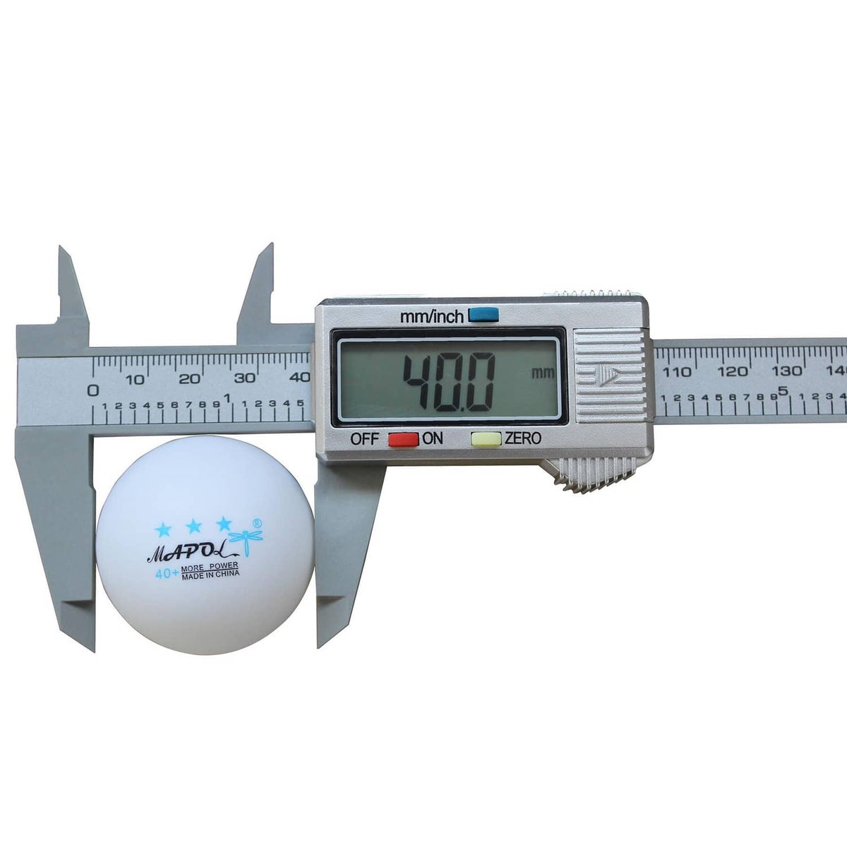 White 3-star table tennis ball with blue logo measured by digital caliper (40.0)