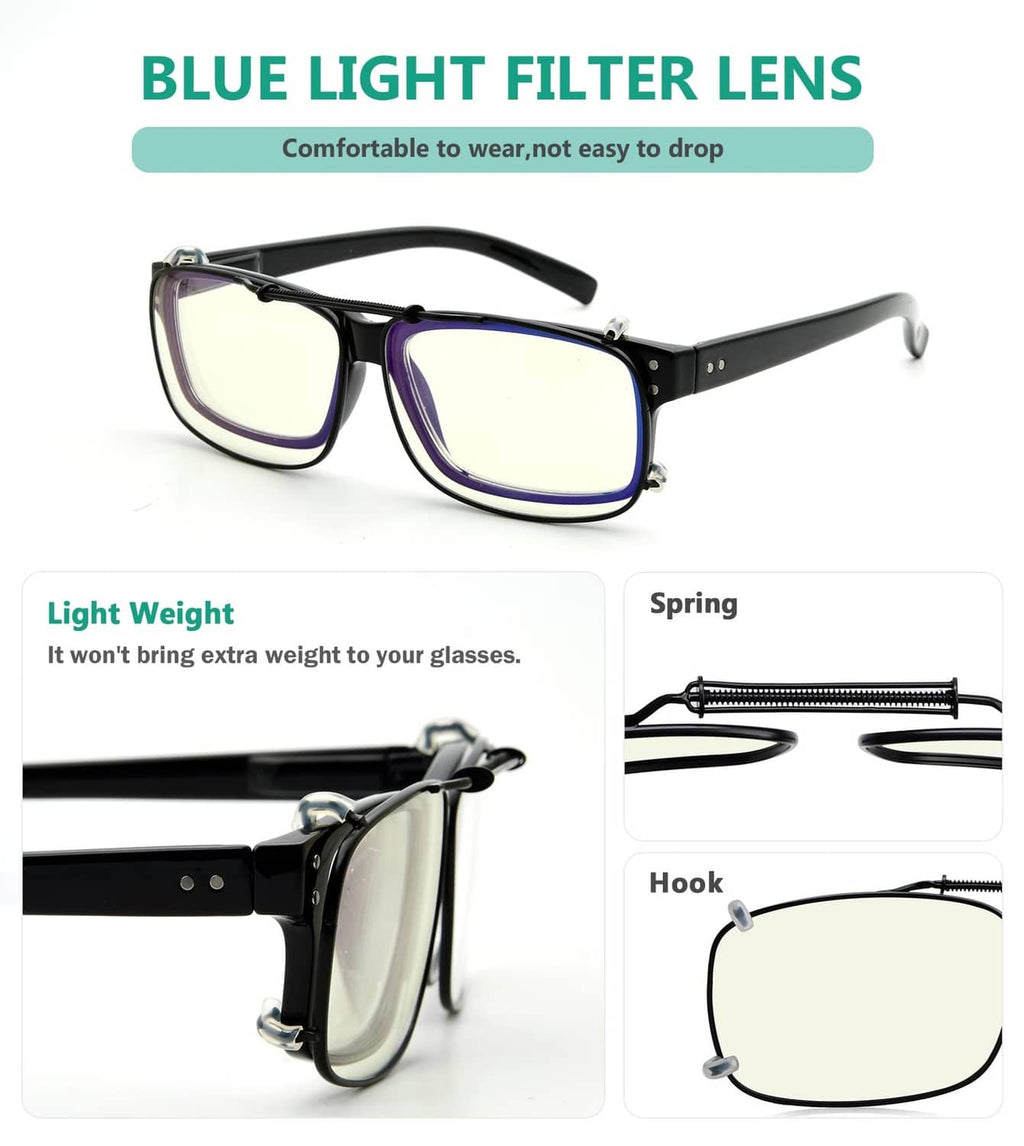 Clip-on blue light blocking glasses with dark frame and blue-tinted filter lenses