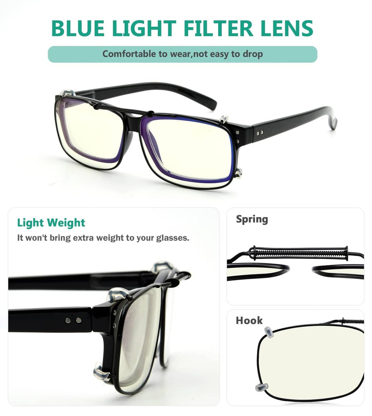 Clip-on blue light blocking glasses with dark frame and blue-tinted filter lenses