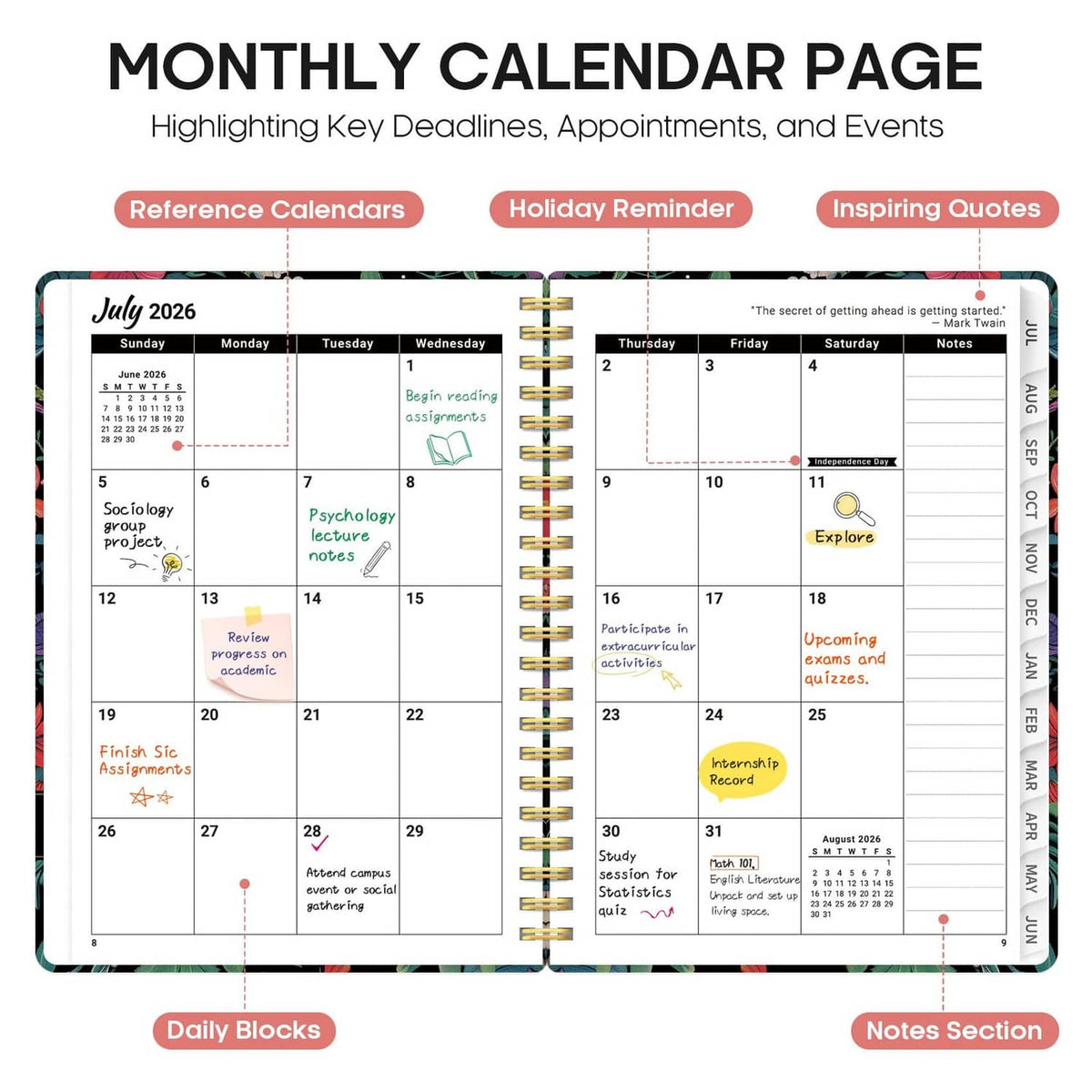 Monthly calendar spread with highlighted deadlines and notes, spiral planner