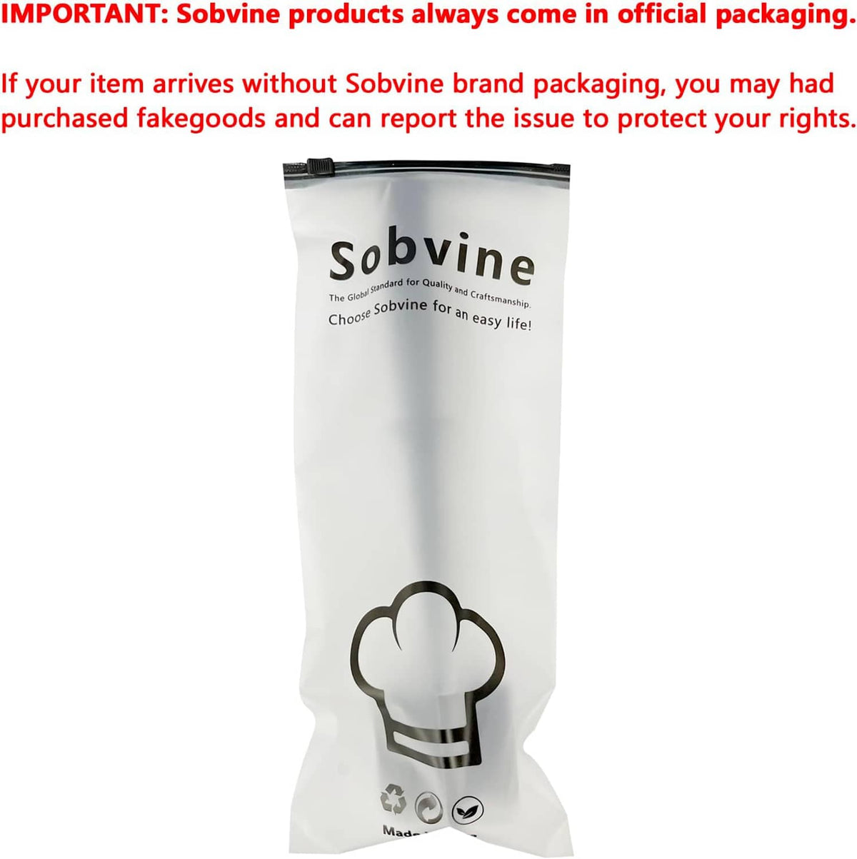 Sobvine branded product pouch for meat chopper, with chef hat icon