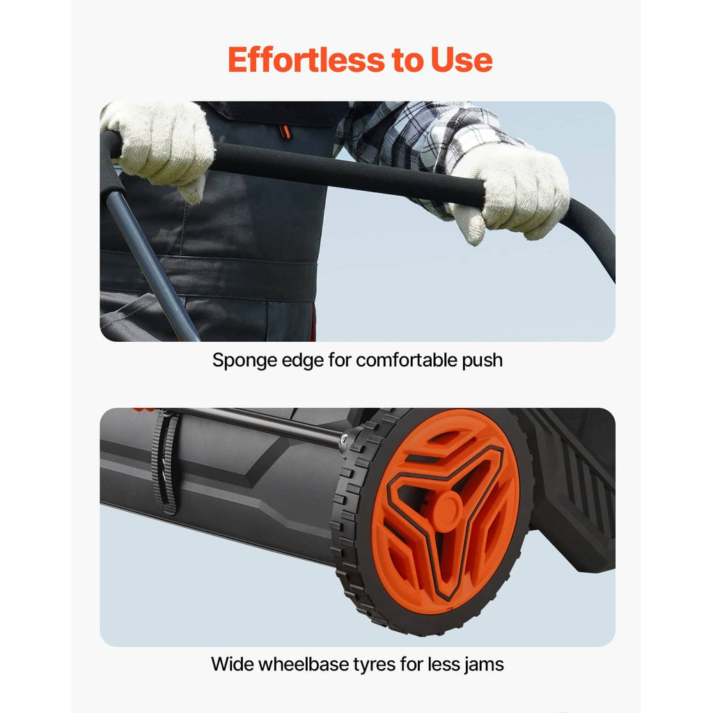 Lawn leaf sweeper with padded sponge push edge and orange front wheel