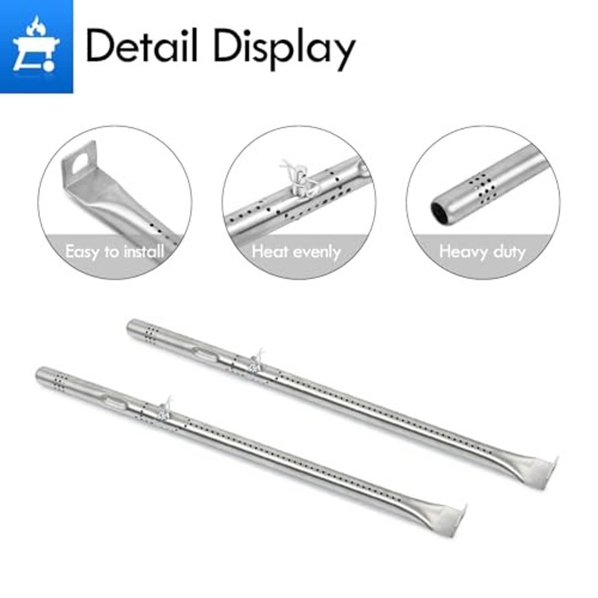 Long stainless steel heat tent with evenly spaced burner holes and mounting brackets