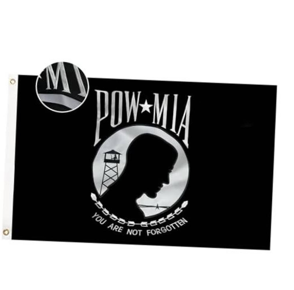 Embroidered POW-MIA polyester flag, black with circular profile emblem and gray text