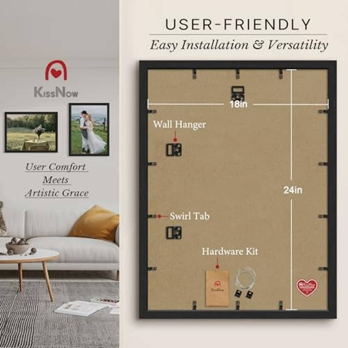 Black 18x24 poster frame backing with wall-hanger holes and hardware kit diagram